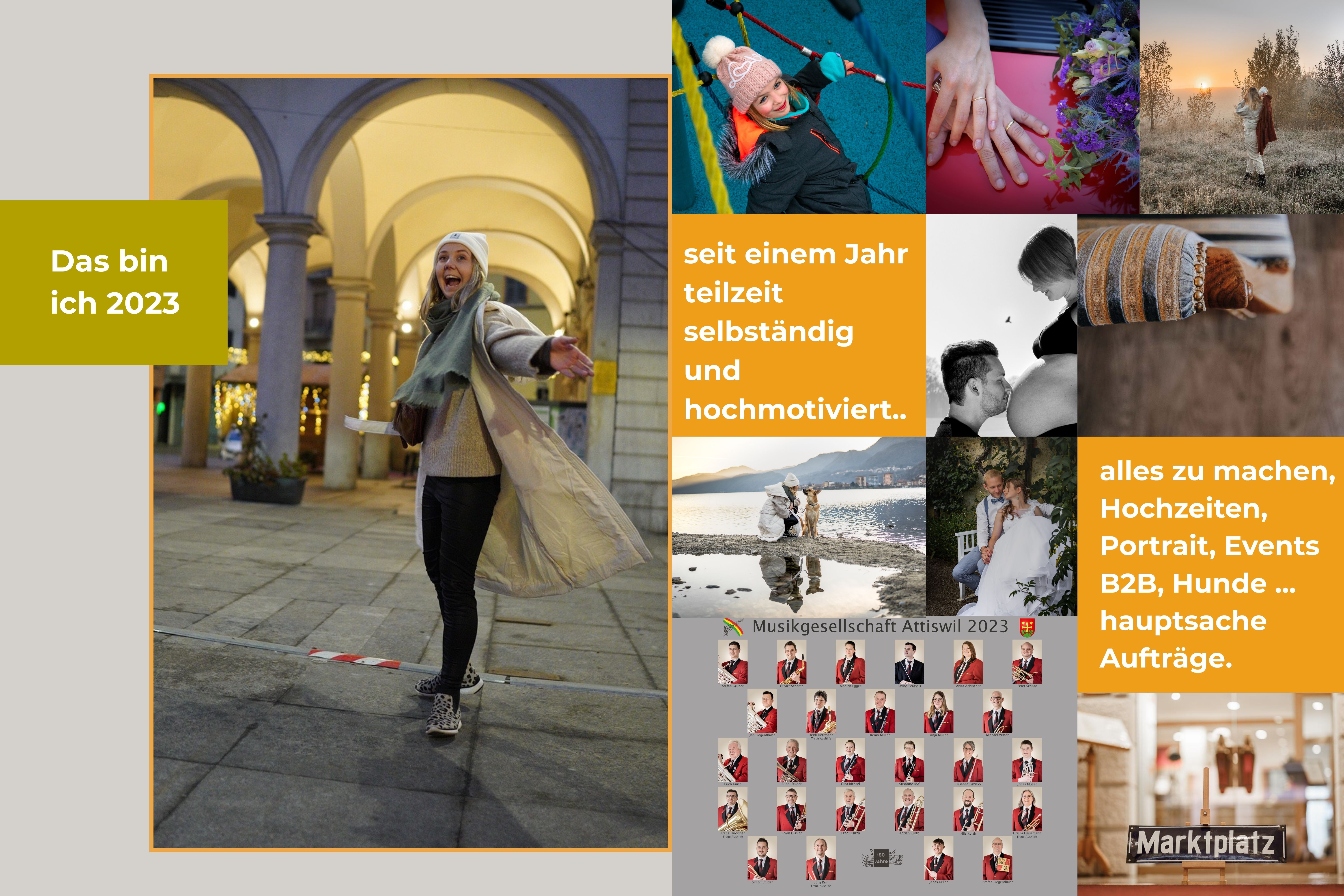 fotografin-lisa-marie-kurth-selbstständigkeit-2023.jpg Collage mit Lisa-Marie Kurth 2023 und Bildern aus ihrer Arbeit als selbstständige Fotografin – von Hochzeiten über Portraits bis Hundefotografie