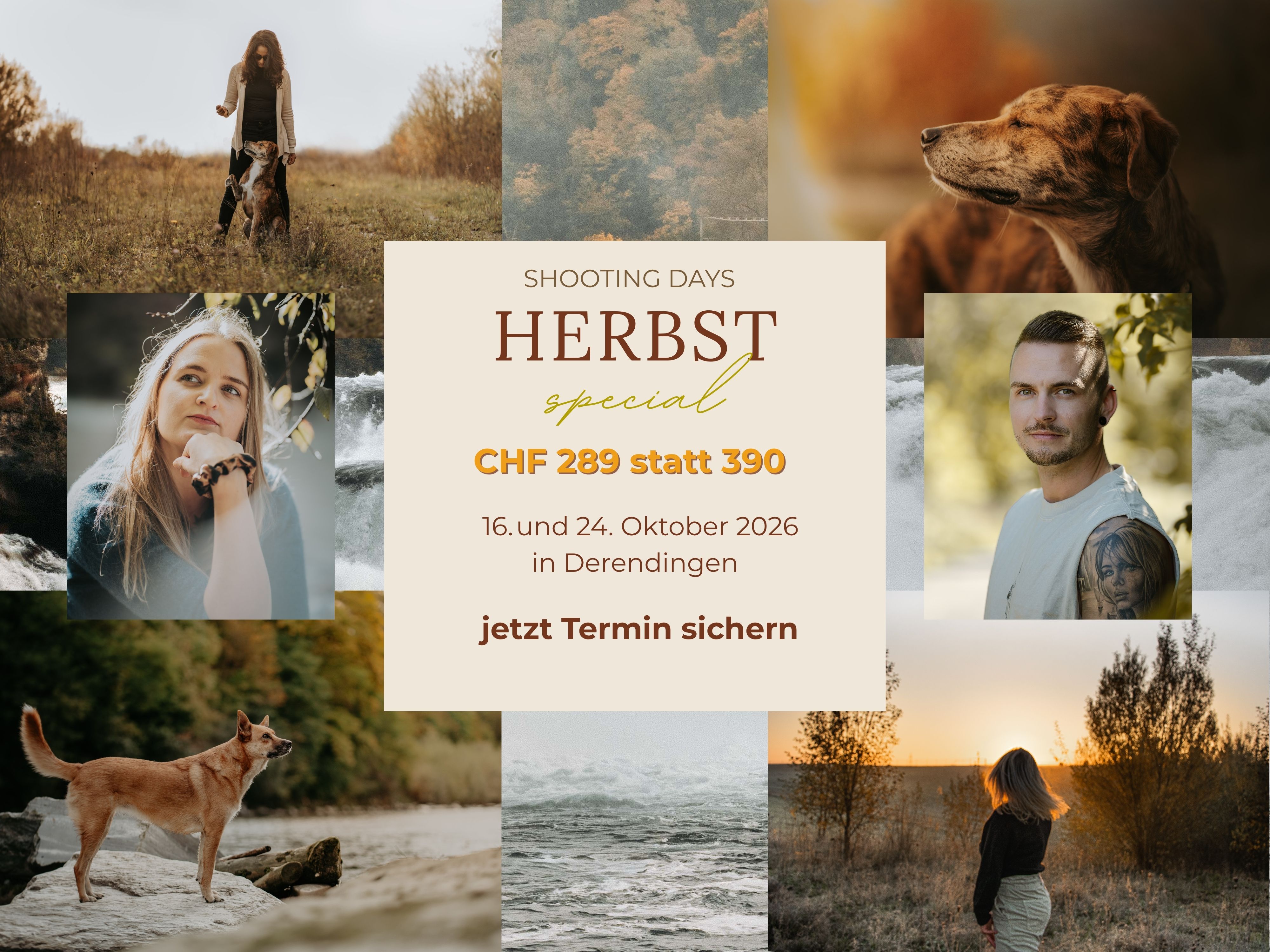 Collage mit Hunde- und Personenportraits in herbstlicher Natur für das Herbst Shooting Special 2026 in Derendingen von Lisa-Marie Kurth Photography.